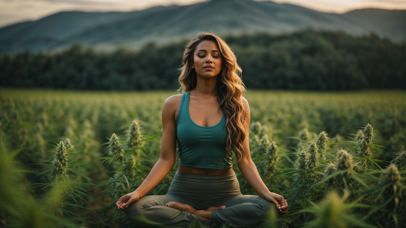 A woman in a yoga pose surrounded by a field of hemp