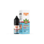 This image is advertising a CBD-infused e-liquid with a strawberry orange cheesecake flavor, containing 300mg of CBD per 10ml.