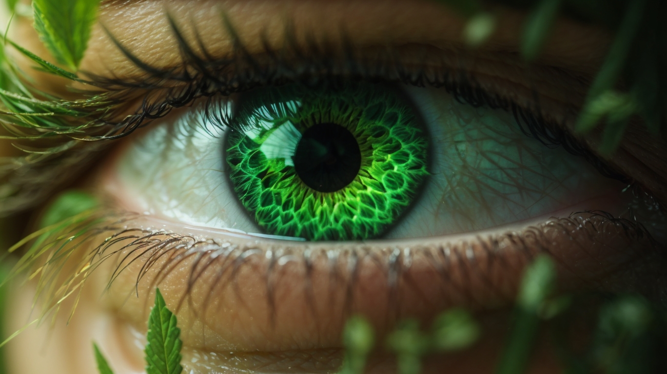 A closeup of a pair of eyes with a bright green CBD