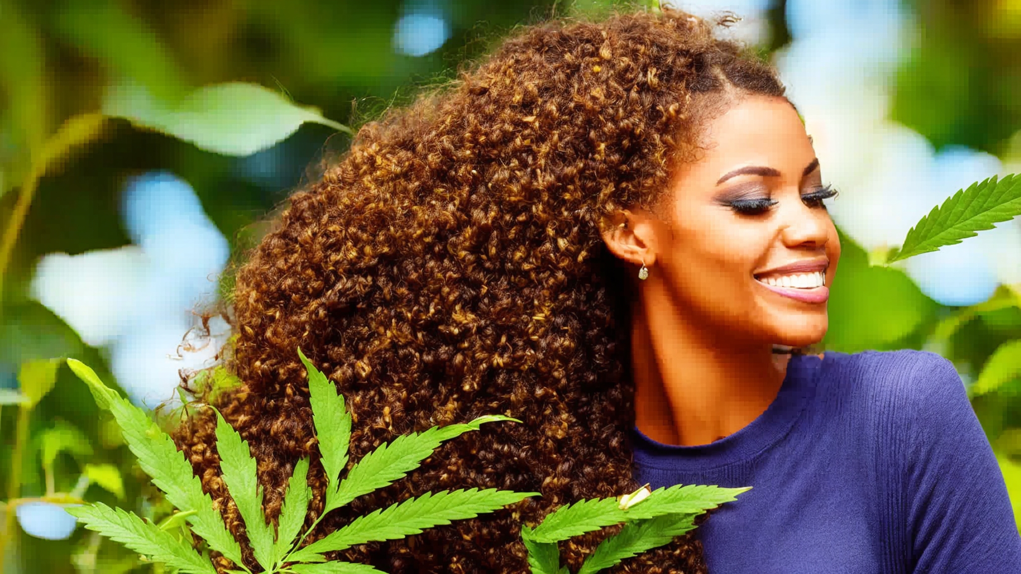 A woman with a crown of cannabis plants her_hair growth