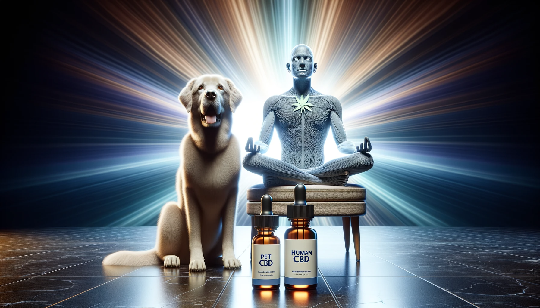 Hyper-realistic photo of a serene dog and a calm human figure sitting next to each other. In front of them are two distinct CBD bottles