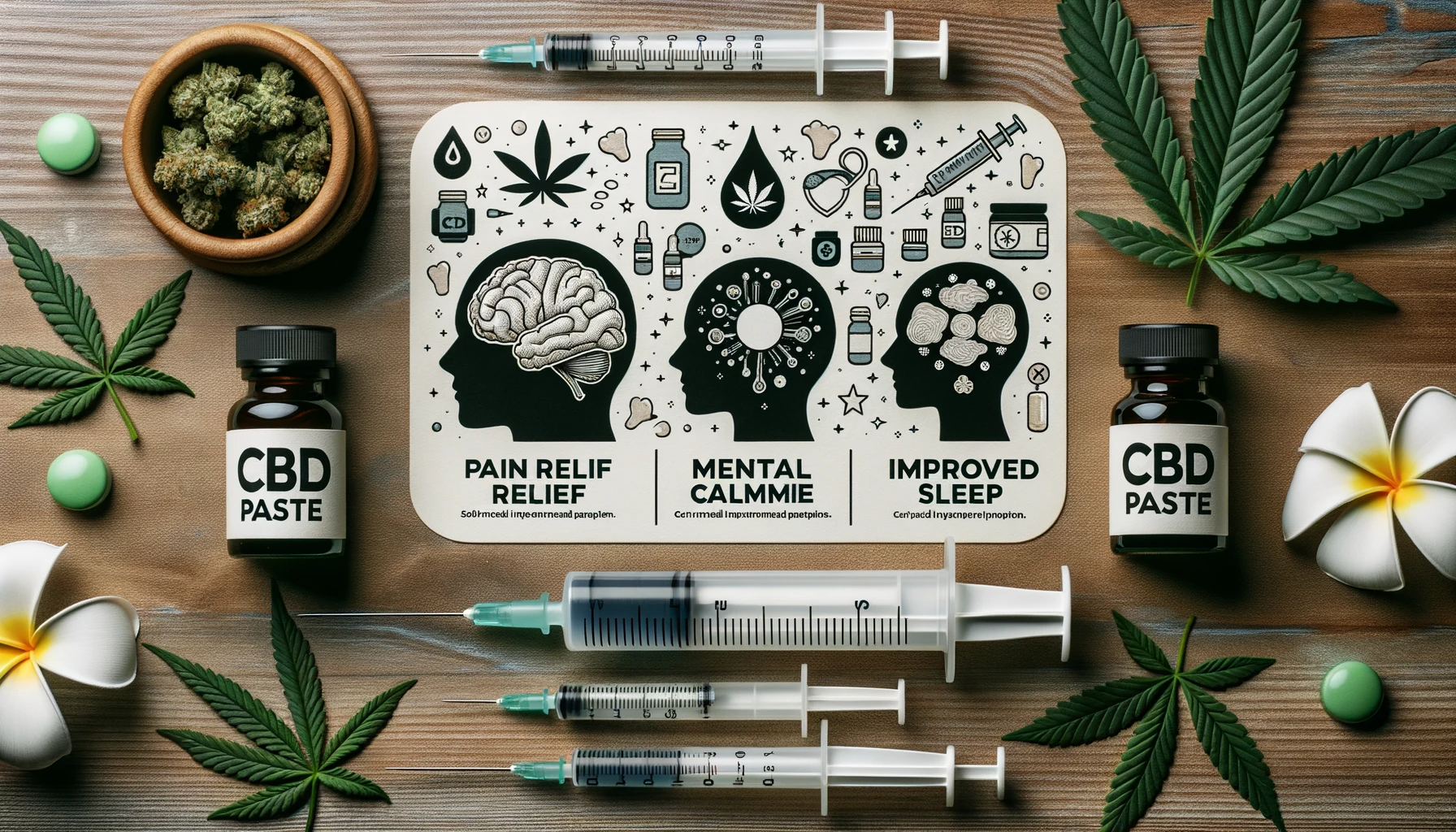 Photograph of a table setup with a variety of CBD paste syringes, alongside illustrated icons representing pain relief and mental calmness